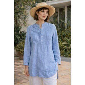 Pine Cone Hill Womens Linen Tunic Top Sz Medium Blue Pintucked Minimalist Shirt